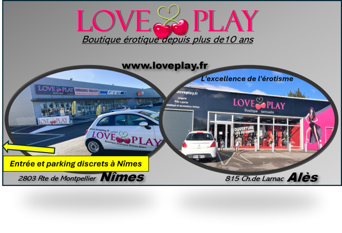 Vitrine de la boutique Love & Play à Nîmes et Alès, spécialités de loisirs.